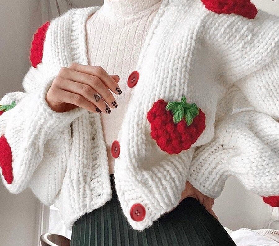 Elegant Strawberry Decoration Christmas Cardigan Sweaters For Women Girls' Single Breasted Loose V Neck Coat Clothing New