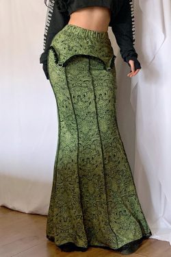 Elegant Vintage Long Green Trumpet Skirt With Lace Detailing
