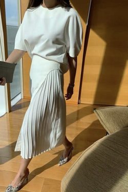 Elegant Women Two Piece Skirt Dress Short Sleeves Blouse Top With Pleated Skirt Stylish Dress Gift For Her