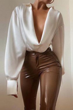 Eleganto � Sexy Elegant Style Lantern Sleeve Draped Bodysuit