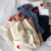 Embroidered Knitted Women Sweater Ribbed Pullovers Heart Embroidery Turtleneck Autumn Winter Basic Women Christmas