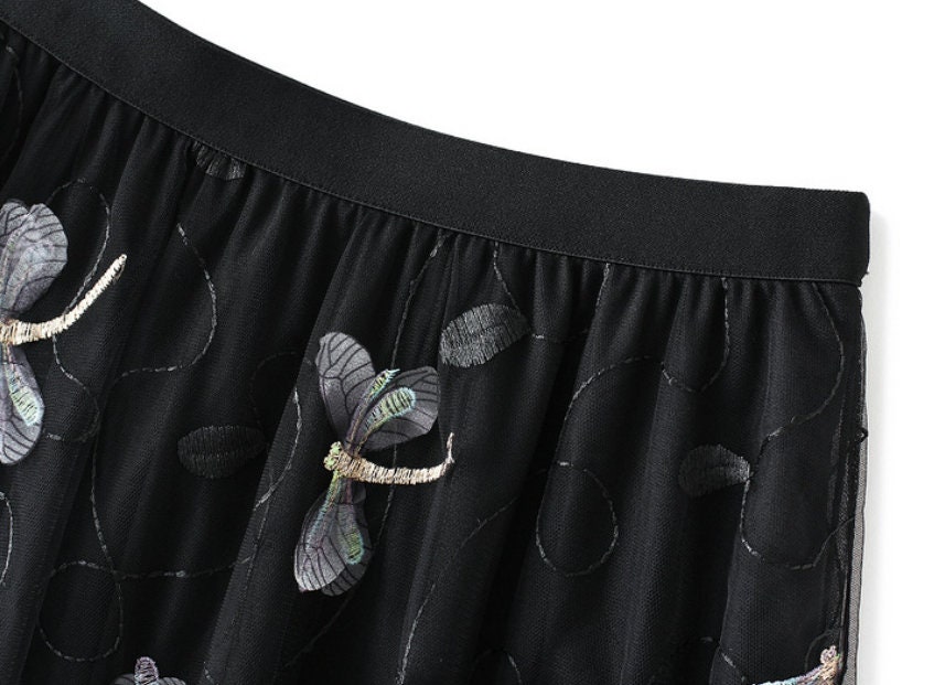 Embroidered Mesh Skirt 3 Color French Skirt High Waist Long Skirt Flowy Skirt Seaside Skirt Dragonfly Skirt Y2k Skirt Gifts For Her