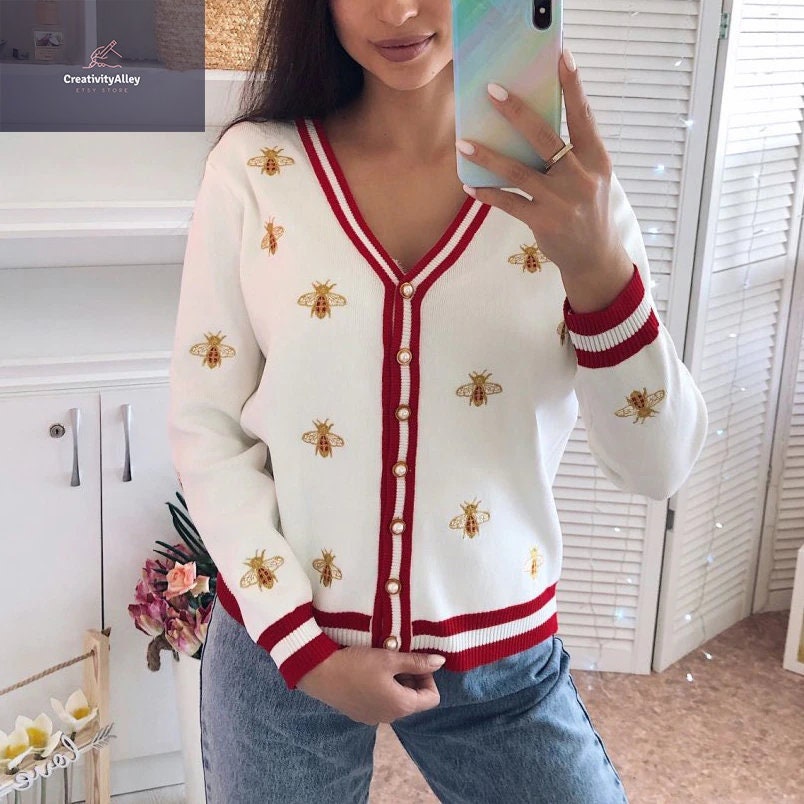 Embroidery Bee Knitted Cardigan Long Sleeve Bee Sweater