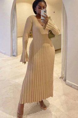 Everlove � Women's Casual Knitted Long Sleeve Bodycon Maxi Dress Elegant Ribbed Deep V Neck Ankle Length Long Dress