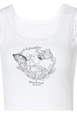 Fairy Print Y2k Tank Top With Lace Trim White Lace Crop Top Women Top Cowl Neck Top Tank Top Basic Top Streetwear Gift For Her