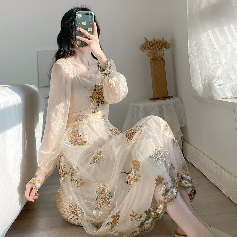Fairycore Clothing Vintage Embroidery Elegant Fairy Dress Gunne Sax Dress Floral Cottagecore Dress