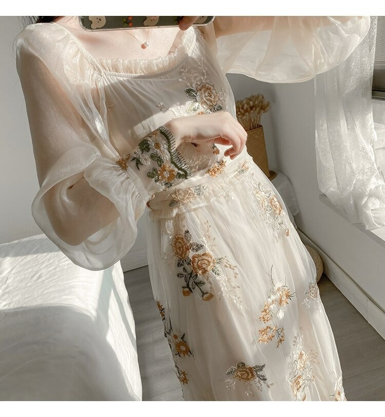 Fairycore Clothing Vintage Embroidery Elegant Fairy Dress Gunne Sax Dress Floral Cottagecore Dress