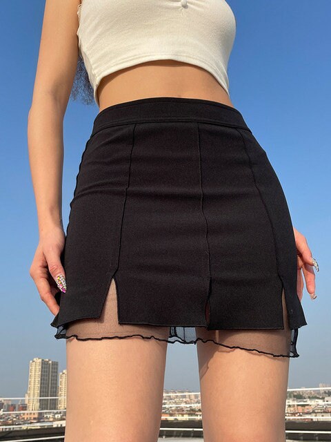 Fairycore Grunge Y2k Trendy Clothing Mesh Black Pleated Mini Skirt For Summer