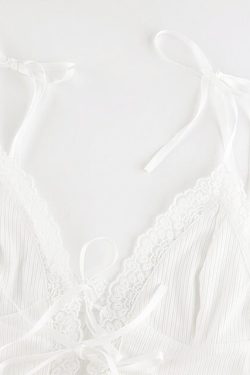 Fairycore V Neck White Sexy Tie Cami Top With Lace Ruffles