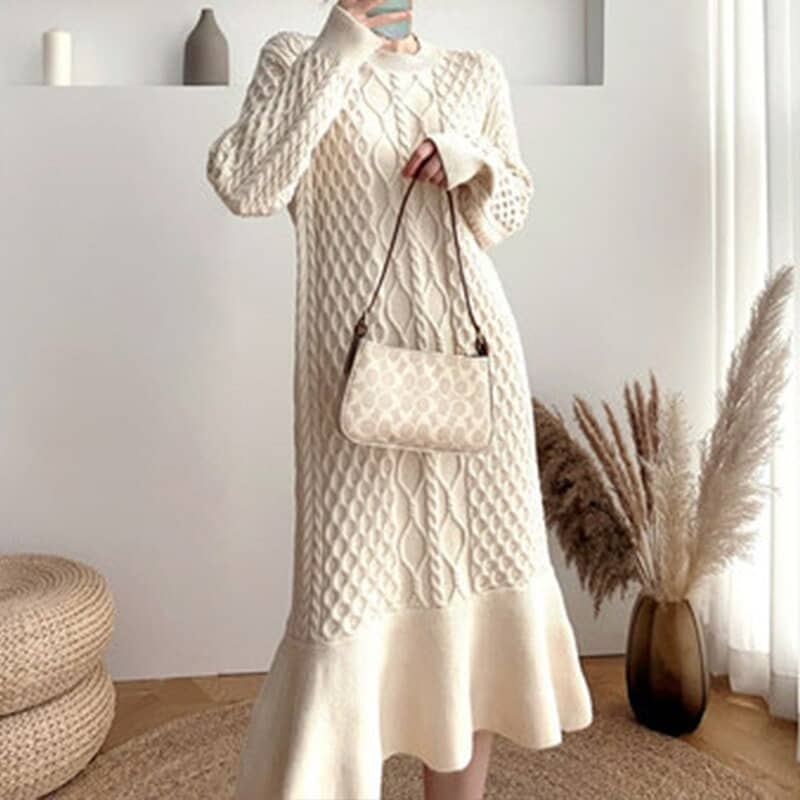 Fall Cable Knit Sweater Dress Knitted Cashmere Sweater Dress Winter Vintage Wool Winter Dress Korean Fashion Wool Dress