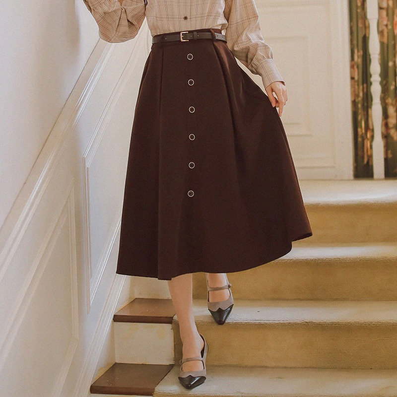 Fall Dark Academia Clothing Sweet Renaissance Skirt For Women Winter Casual Elastic Waist Single Breasted A Line Medieval Skirt