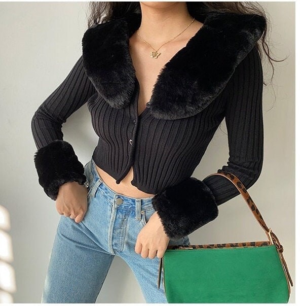 Faux Fur Collar Knit Cardigan Vintage Style 70s Fashion Retro Y2k Clothing