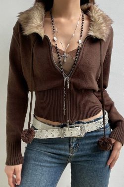 Faux Fur Collar Knit Zip Up Crop Cardigan Y2k Vintage Fairycore Grunge Punk Harajuku Streetwear Aesthetic