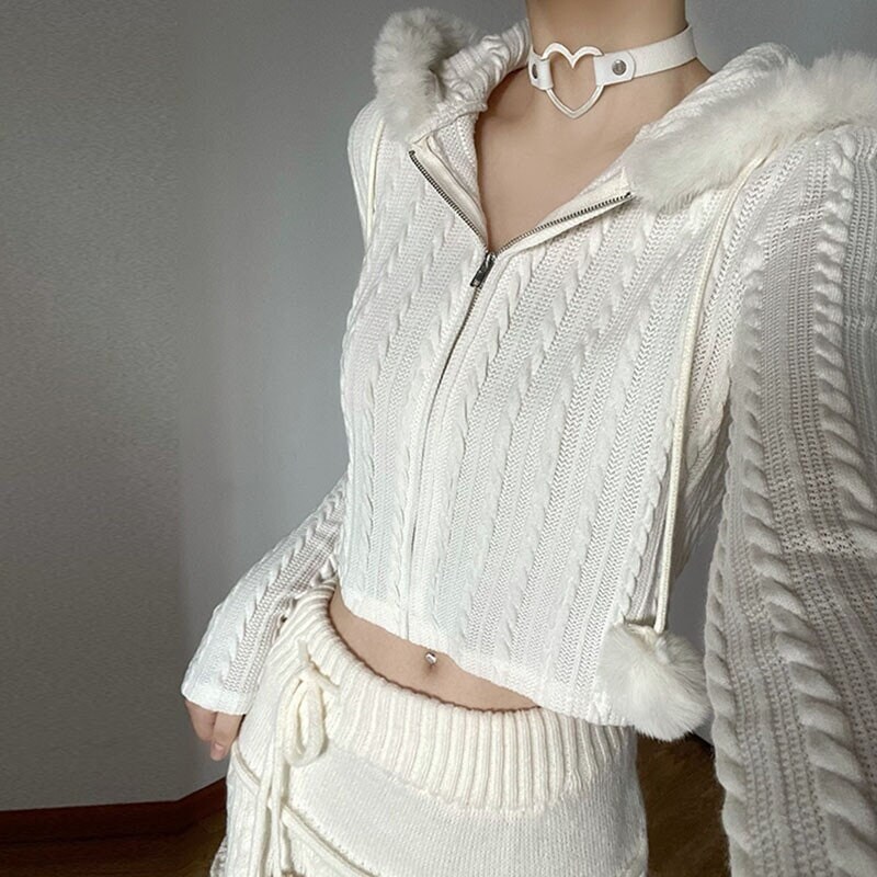 Faux Fur Hooded Knit Zip Up Cardigan White Kawaii Harajuku Lolita 2000s Aesthetic Streetwear Y2k Clothing