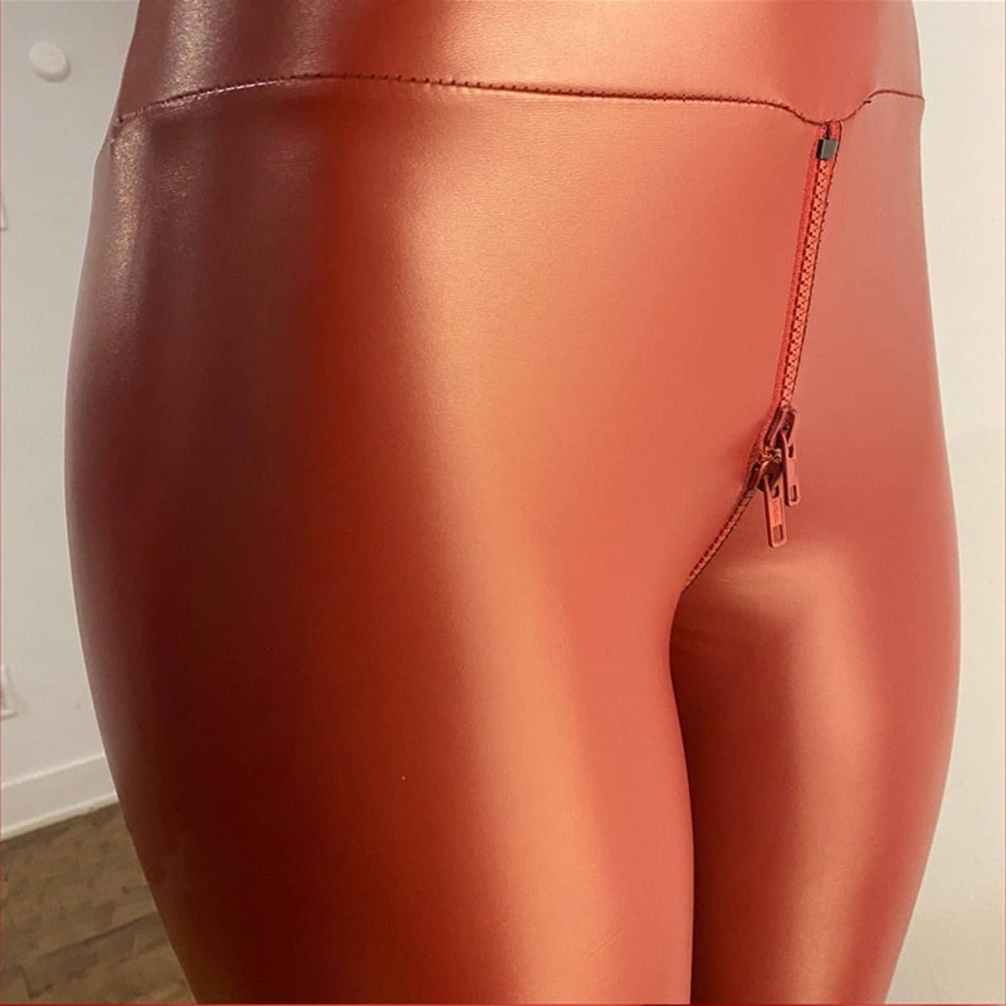Faux Leather High Waist Pants With Crotch Double Zipper