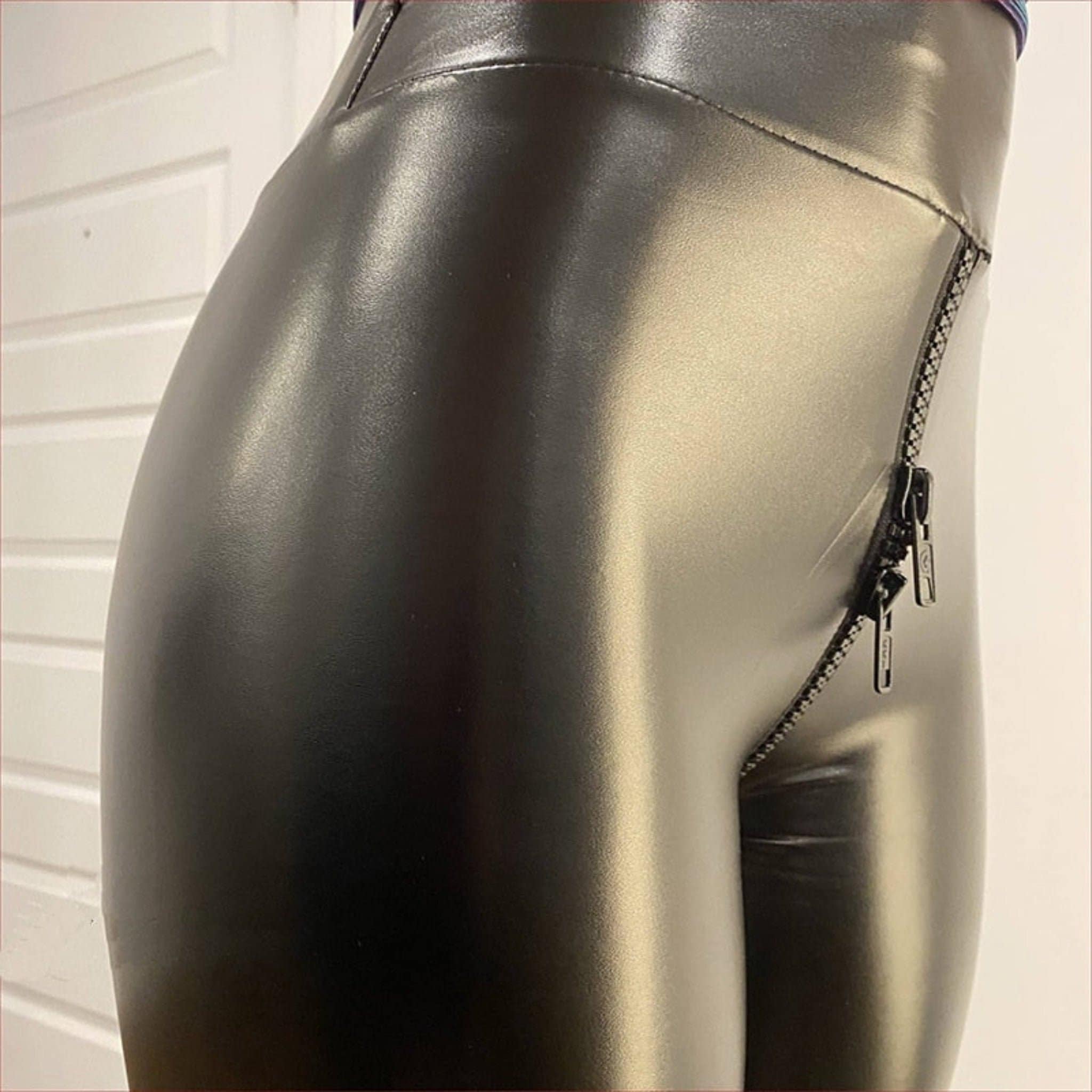 Faux Leather High Waist Pants With Crotch Double Zipper