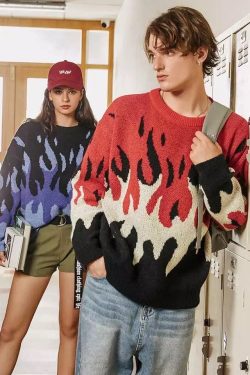 Flame Knit Sweater Vintage Harajuku Streetwear Sweatshirt Aesthetic Crewneck Purple Green Red Blue Brown Soft Y2k Pullover Unisex Sweater