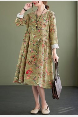 Floral Cotton Linen Dress Long Sleeves Knee Dress Casual Loose Blouse Print Women's Spring And Autumn Custom Made Linen Dress