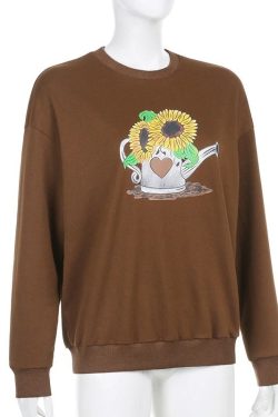 Floral Knit Fabric Indie Aesthetics Sunflower Graphic Crewneck Brown Tops Lolita Fabric Y2k Fashion Oversized 90s Streetwear Sweatshirts