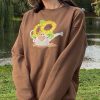 Floral Knit Fabric Indie Aesthetics Sunflower Graphic Crewneck Brown Tops Lolita Fabric Y2k Fashion Oversized 90s Streetwear Sweatshirts