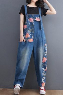 Floral Overalls Printed Denim Wraps Loose Wide Leg Pants Plus Size Jumpsuits Vintage Pants Cargo Pants Pocket Pants