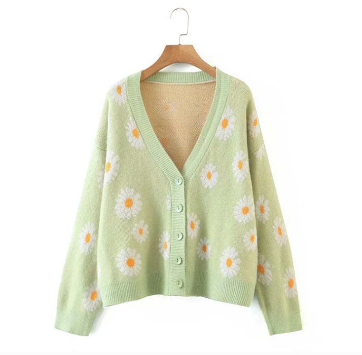 Floral Pattern Embroidered Print Soft Knit Button Up Cardigan Sweater Retro Vintage Trends Cute Aesthetic Fashion Y2k 2000s 90s Style