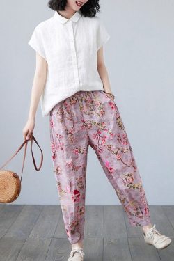 Floral Printed Elastic Waist Cotton Pants Soft Casual Loose Large Size Trousers Wide Leg Pant Customized Plus Size Pants Linen Pant