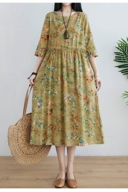 Floral Printed Women Cotton Dress Soft Casual Loose Robes Half Sleeves Dress Boho Midi Dresses Customized Plus Size Clothing Linen Dress