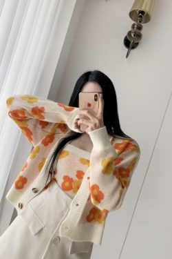 Flower Print Cropped Cardigan Women Korean Fashion Casual Blue Sweater Single Breasted Long Sleeven Tops + Knit Vest 2 Pcs Set