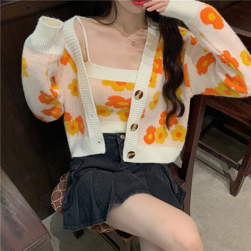 Flower Print Cropped Cardigan Women Korean Fashion Casual Blue Sweater Single Breasted Long Sleeven Tops + Knit Vest 2 Pcs Set
