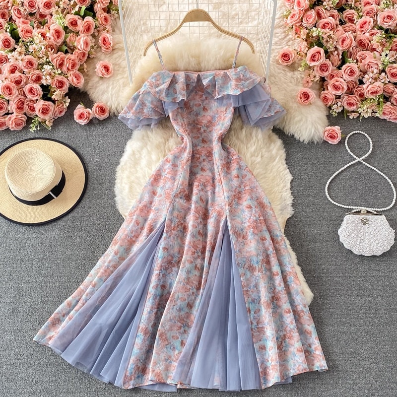 French Cottage Core Dress Women Wedding Guest Dress Vintage Floral Romantic Y2k Prom Homecoming Prairie Dress