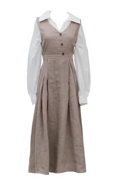French Retro Elegant Light Academia Dress Cottagecore Dress 2 Pc V Neck White+ Khaki Dress Dark Academia Outfits 100% Linen Long Dress
