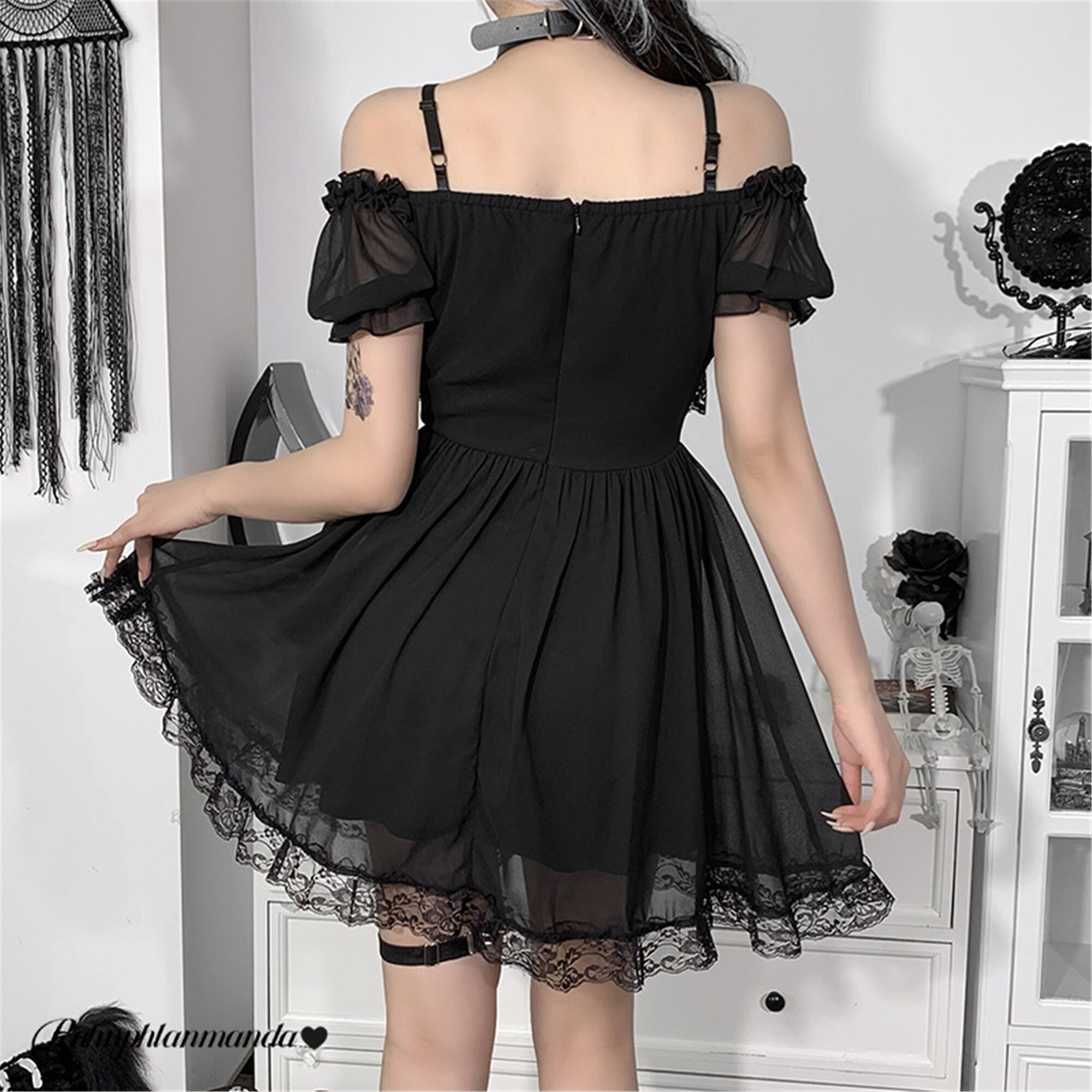 French Vintage Lolita Lace Strap One Shoulder Dress French Lace Tunic Dress Witch Dress Women Elegant Tulle Dress Masquerade Party Dress