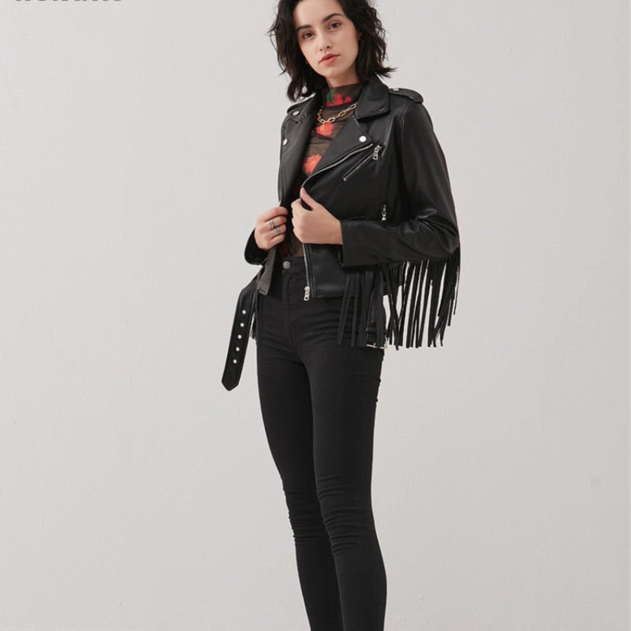 Fringed Faux Leather Jacket With Tassels In Black