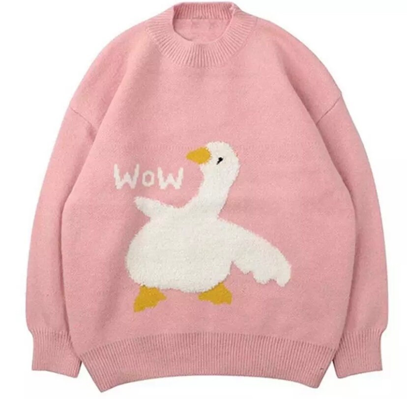 Furry Goose Knitted Sweater Vintage Funny Crewneck Aesthetic Oversized Sweatshirt Y2k Goose Pattern Couple Hoodies Unisex Sweater