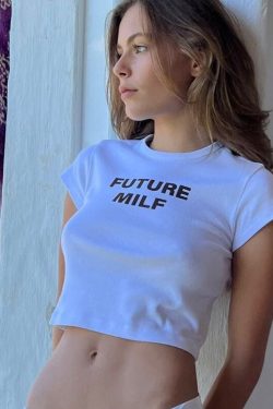 Future Milf Y2k Crop Baby Tee Funny 90s Slogan Text T Shirt Aesthetic 00s Fashion 2000s Letter Print Baby T Shirt Y2k Clothes Streetwear