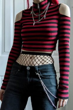 Goth Black Striped Long Sleeve Crop Top & Y2k Clothing Lolita Alt Fairycore