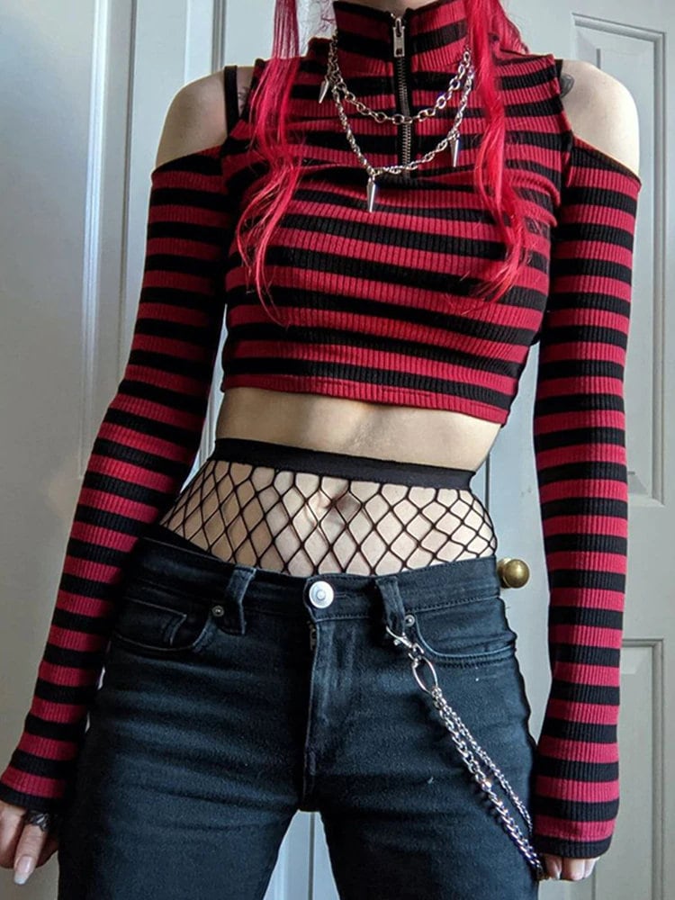 Goth Black Striped Long Sleeve Crop Top & Y2k Clothing Lolita Alt Fairycore
