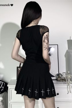 Goth Bodycon Bandage Lace Short Sleeve Top Women's Lace Shoulder & Bandage Decorated Sleveless Sexy Black Crop Top Gothicwear Punkwear