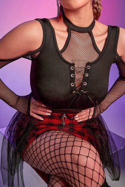Goth Fishnet Lace Up Crop Top With Cut Out Shoulder In Black
