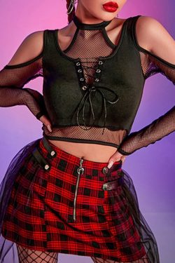 Goth Fishnet Lace Up Crop Top With Cut Out Shoulder In Black