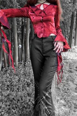 Goth Red Long Sleeve Ruffle Shirt Vintage Cross Halter Clothes Elegant Halloween Witchy Shirt Vampire Prom Dress Fashion Cosplay Clothes