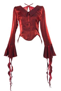 Goth Red Long Sleeve Ruffle Shirt Vintage Cross Halter Clothes Elegant Halloween Witchy Shirt Vampire Prom Dress Fashion Cosplay Clothes