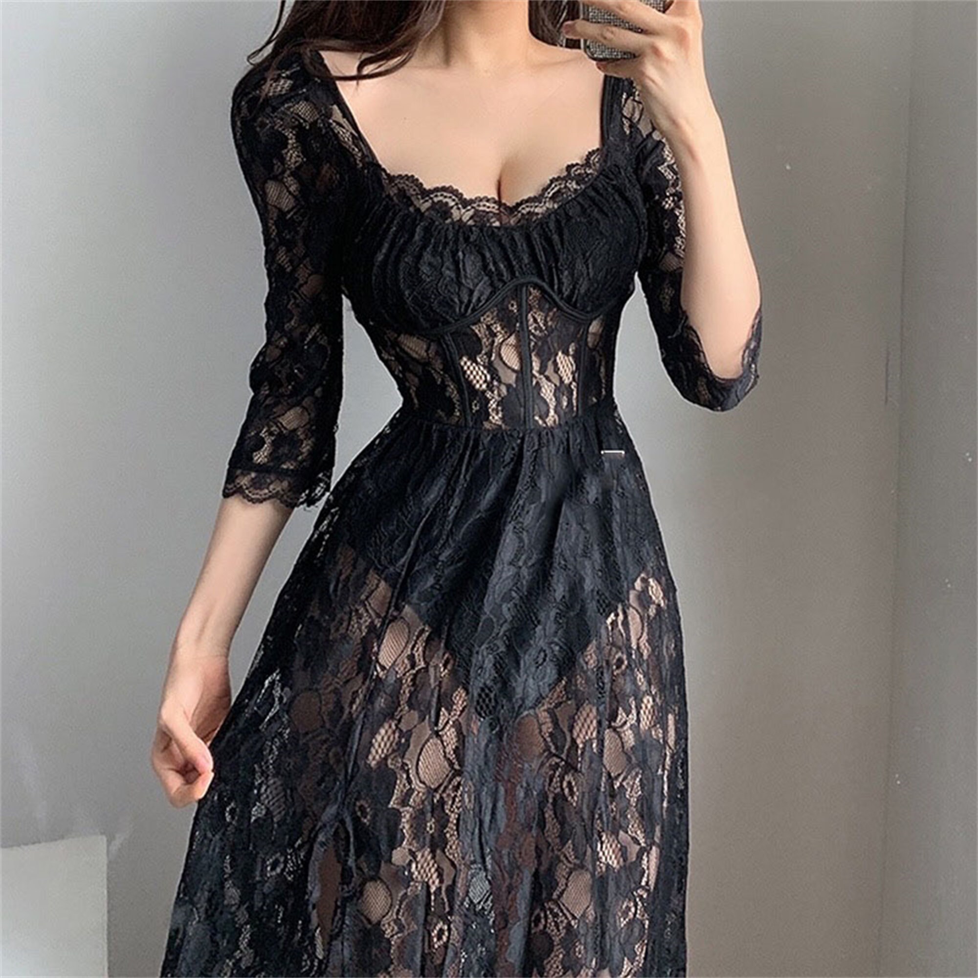 Goth Sexy Rose Lace Dress Hollow Perspective Dress Gothic Lace Slim Fit Mermaid Dress Long Sleeved Vintage Victorian Dress Graduation Dress