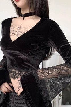 Goth Sexy Women Crop Top Flare Long Sleeve Lace Hollow Out Black T Shirt Gothic Retro Bodycon Female V Neck Tops