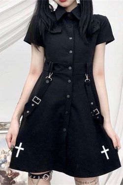 Gothic Aesthetic High Waist Dress French Cross Embroidered Punk Dark Dress Cargo Dress Gothic Mini Trendy Clothes Harajuku Dress Punk Clothe