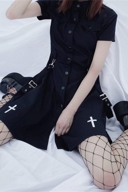 Gothic Aesthetic High Waist Dress French Cross Embroidered Punk Dark Dress Cargo Dress Gothic Mini Trendy Clothes Harajuku Dress Punk Clothe
