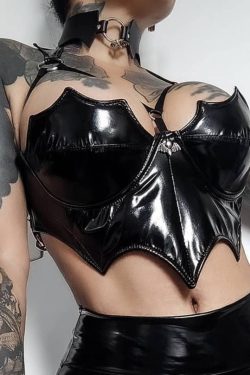 Gothic Bat Shape Faux Leather Corset Top In Black