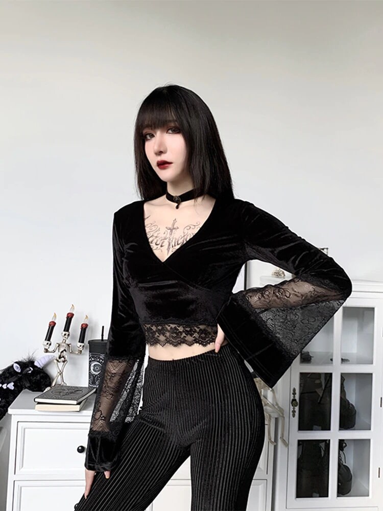 Gothic Black Lace Crop Top & Y2k Clothing Lolita Alt Fairycore Grunge