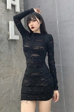 Gothic Black Mini Dress Streetwear Rock Punk Hollow Retro High Waist Long Sleeve Bodycon Party Dresses